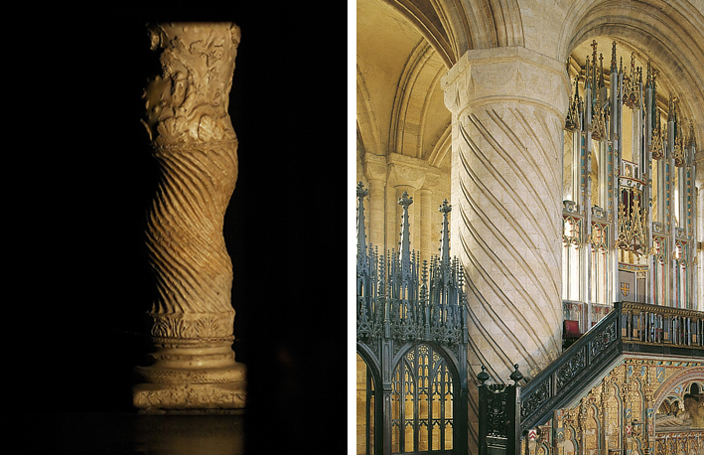 Left: One of the 'Solomonic' Columns reused in the Old St Peters Basilica, the Catholic mother church, and therefore a source of inspiration for religious buildings, especially shrines, throughout the Christian world. Right: One of the columns in the area before the shrine of St Cuthbert in Durham Cathedral, almost certainly inspired by the column to the left.